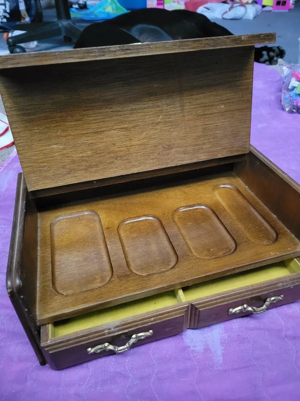 VTG Wood Jewelry Box Chest Brass Velvet Interior Valet Men MCM Anchors